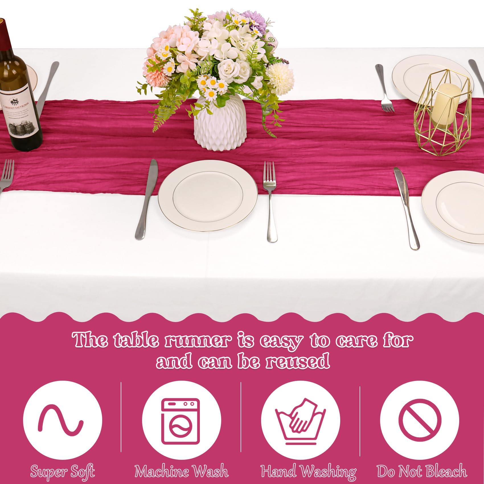 10 Pack Cheesecloth Table Runner 6FT Boho Gauze Rustic Fabric Table Runner Vintage Sheer Tablecloth for Wedding Party Bridal Baby Shower Long Table Decorations (Fushia)