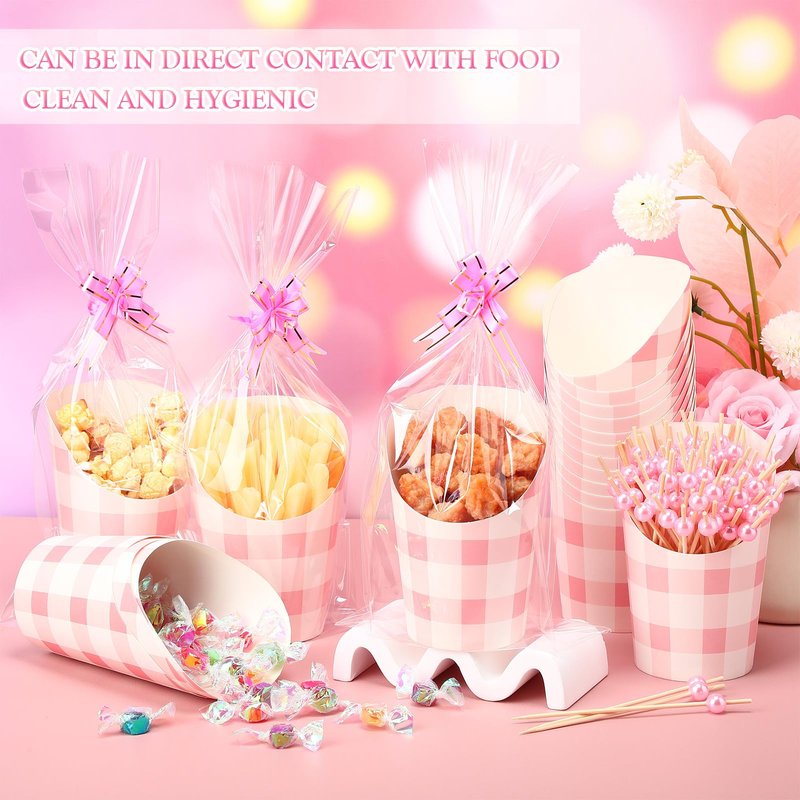 Bokon 100 Set Valentine's Day 14 oz Charcuterie Cup with Stick and Bag, Disposable Pink French Fries Snack Popcorn Dessert Fruit Holder for Birthday Wedding Valentine's Day Party Supplies