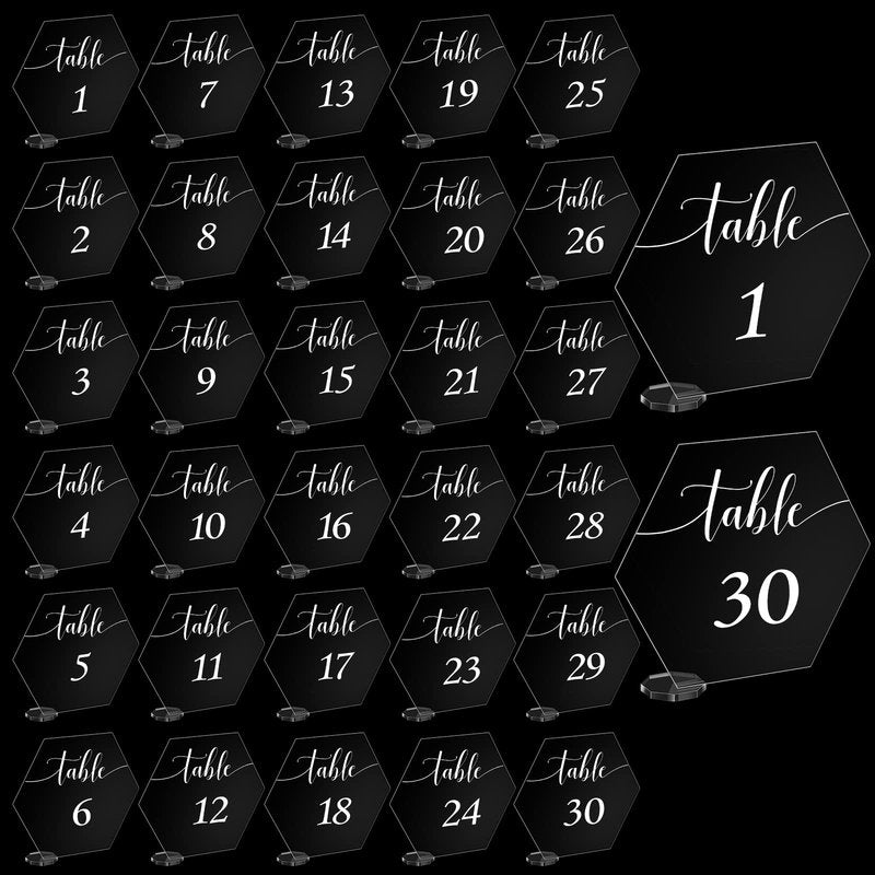 30 Pieces Acrylic Table Numbers 1-30 for Wedding Reception Clear Table Number Signs 1-30 with Stand Hexagonal Rectangle for Wedding Event Party Restaurant