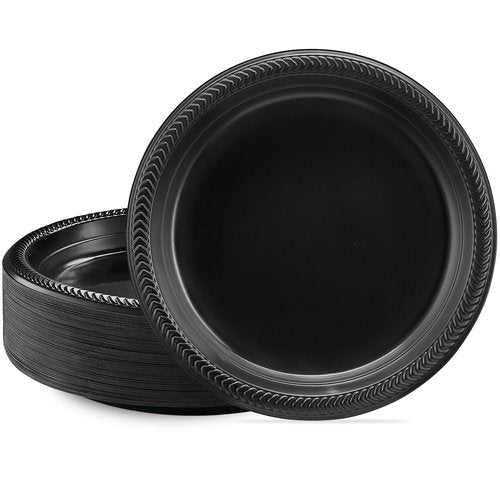 PLASTICPRO 200 PCS Black Plastic Plates Light Weight 9 Inch Plastic Dinner Plates Black Plate Disposable for Party and Wedding