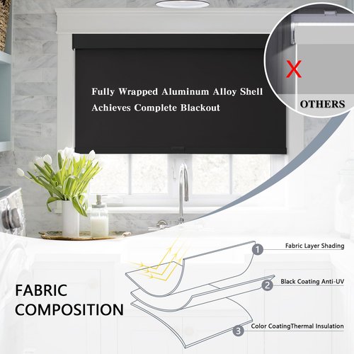AOSKY Blackout Roller Shades Cordless Blinds for Windows, Free-Stop Shades with Valance, Thermal Insulated Fabric, UV Protection, Natural Woven Blinds for Home and Office (29" W x 72" H, Black)