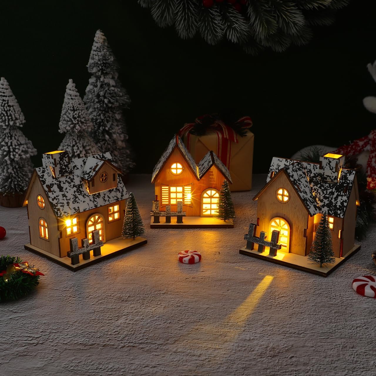 Toyvian Christmas Village Houses Decor - 3 Pcs Glowing Wooden Cabin Set with Lights for Holiday Centerpieces