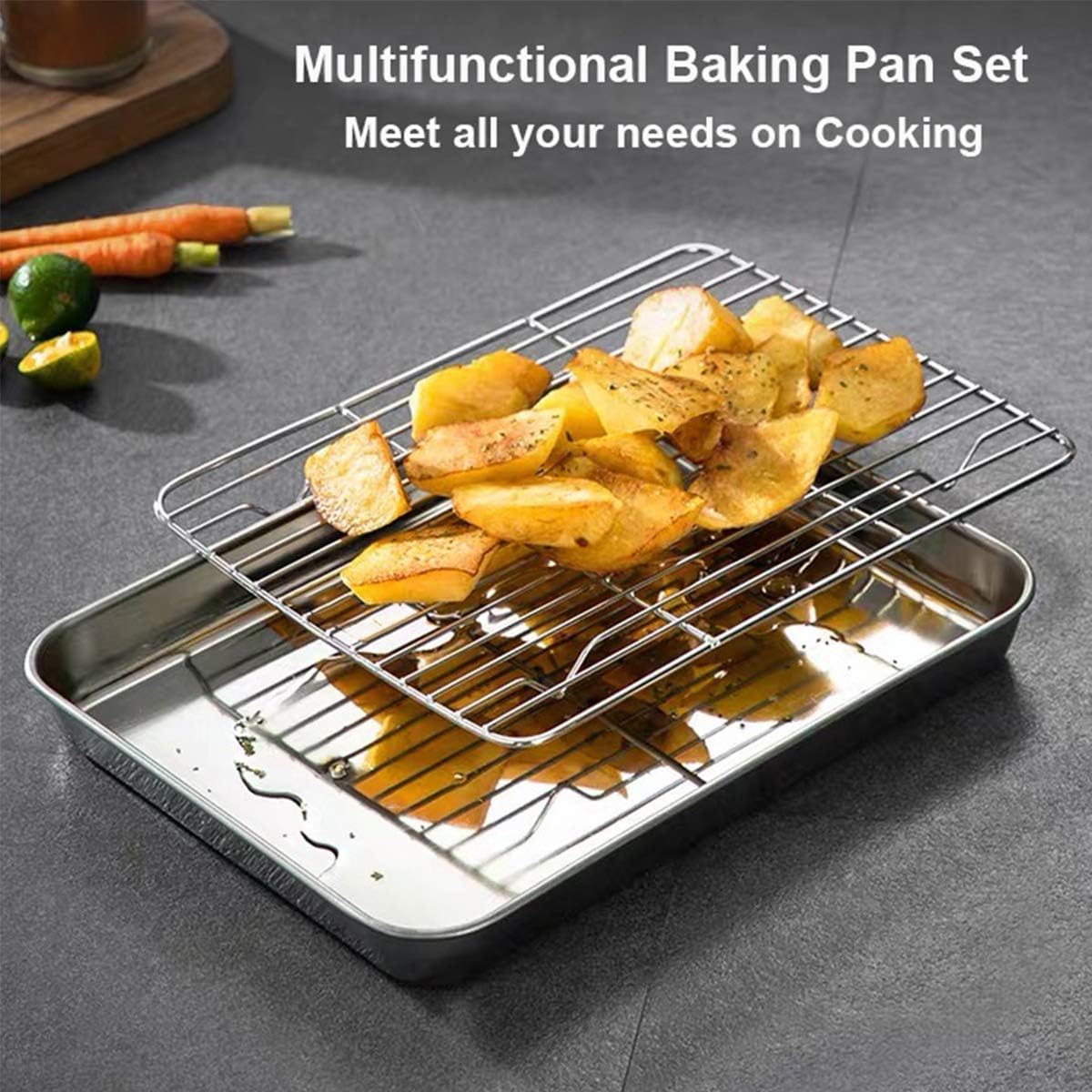 Wildone Baking Sheet Set - Stainless Steel Cookie Pan with Cooling Racks | 2 Sheets & 2 Racks, 10 x 8 x 1 Inch
