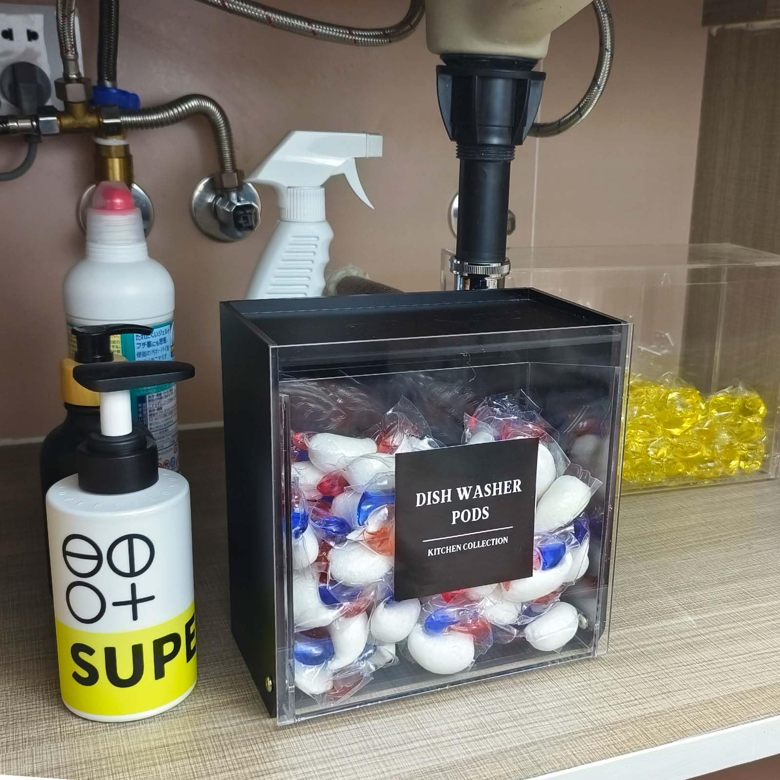 Gnjoyxuan Laundry Pods Container, Acrylic Wall Mounted Organizer with Extra Labels, Candy Dispenser Coffee Pod Holder Dishwasher Pods Case for Home,Kitchen, Office, Black