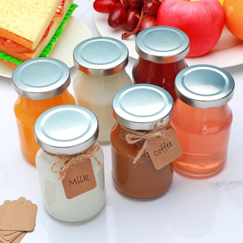 Woaiwo-q 16Pack 6oz Glass Milk Bottles, Glass Jars, Canning Jelly Jars with Silver Lids, Glass Yogert Jars, Clear Glass Milk Jars Ideal for Jam, Honey, Wedding Favors, Shower Favors