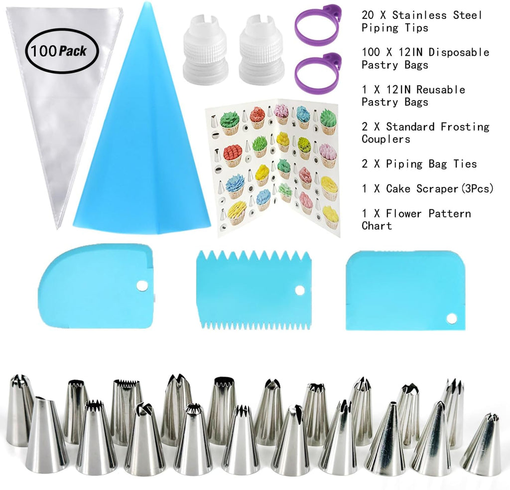 Skiennix 100PCS Piping Bags and Tips Set - 12 Inch Disposable Pastry Bags for Cake Decorating & Frosting
