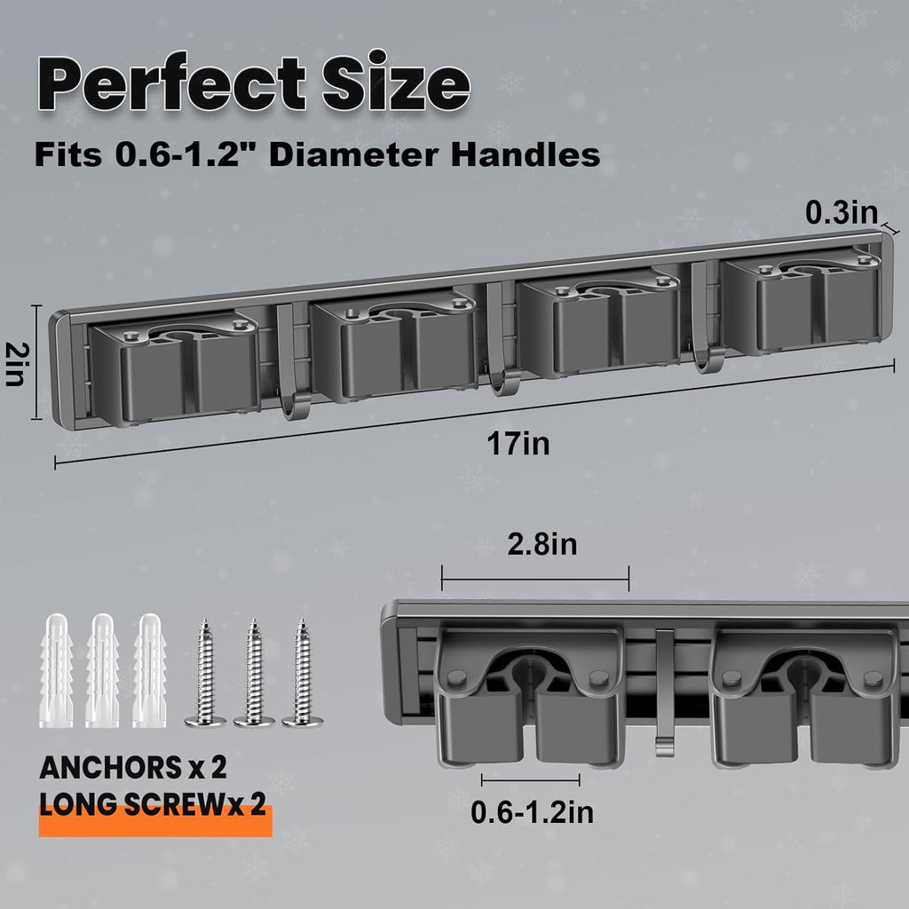 Organize with Skiennix Broom Holder Wall Mount - 4 Racks & 3 Hooks for Kitchen, Garden, Laundry | Grey