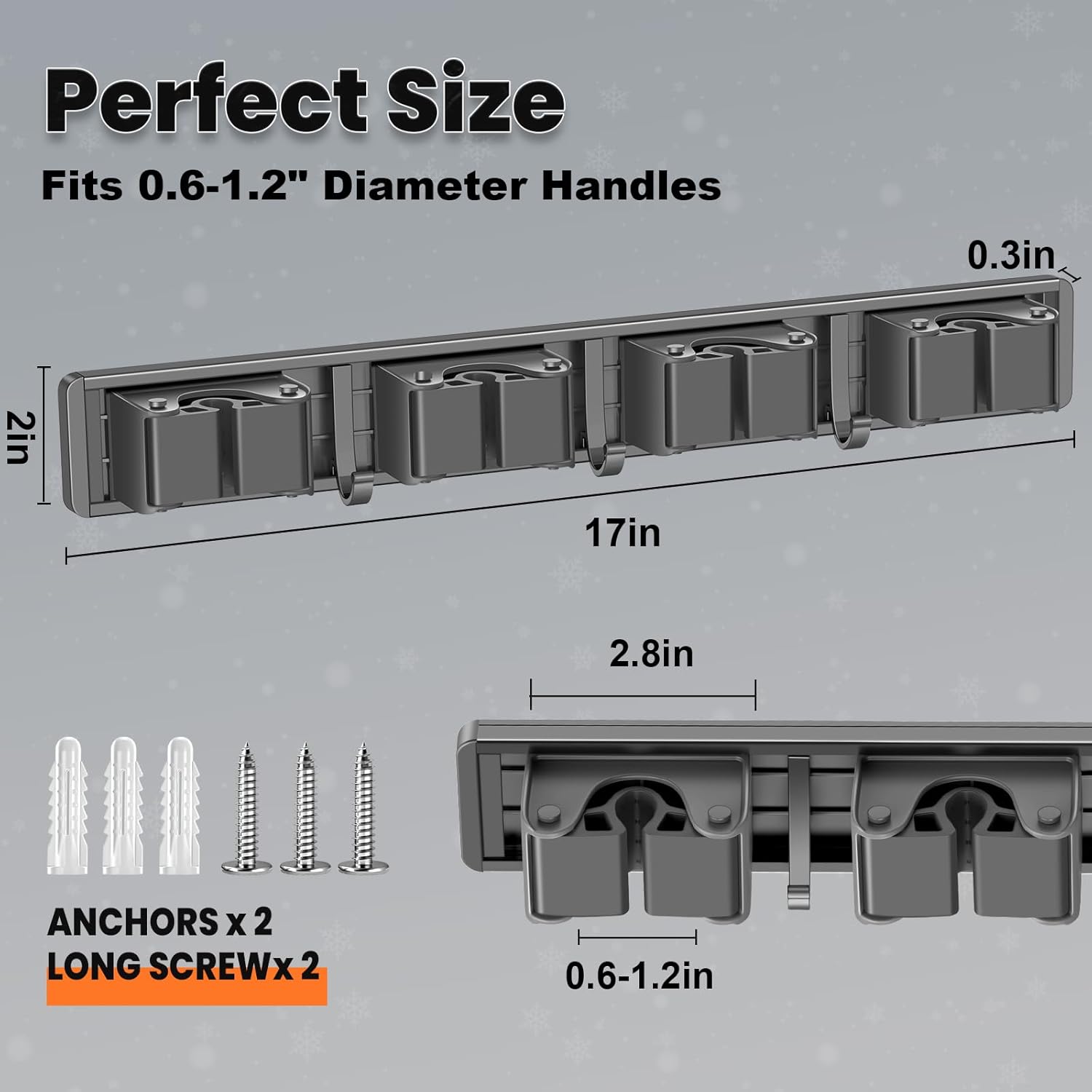 Organize with Skiennix Broom Holder Wall Mount - 4 Racks & 3 Hooks for Kitchen, Garden, Laundry | Grey