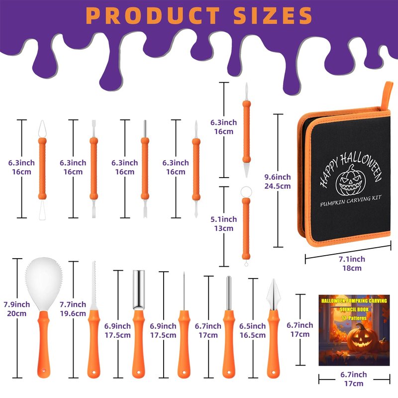 12PCS Halloween Pumpkin Carving Kit with 12 Stencils,Professional Stainless Steel Pumpkin Carving Tools with Storage Hand Bag,Pumpkin Carving Set for Halloween Decorations,Both Adluts & Kids