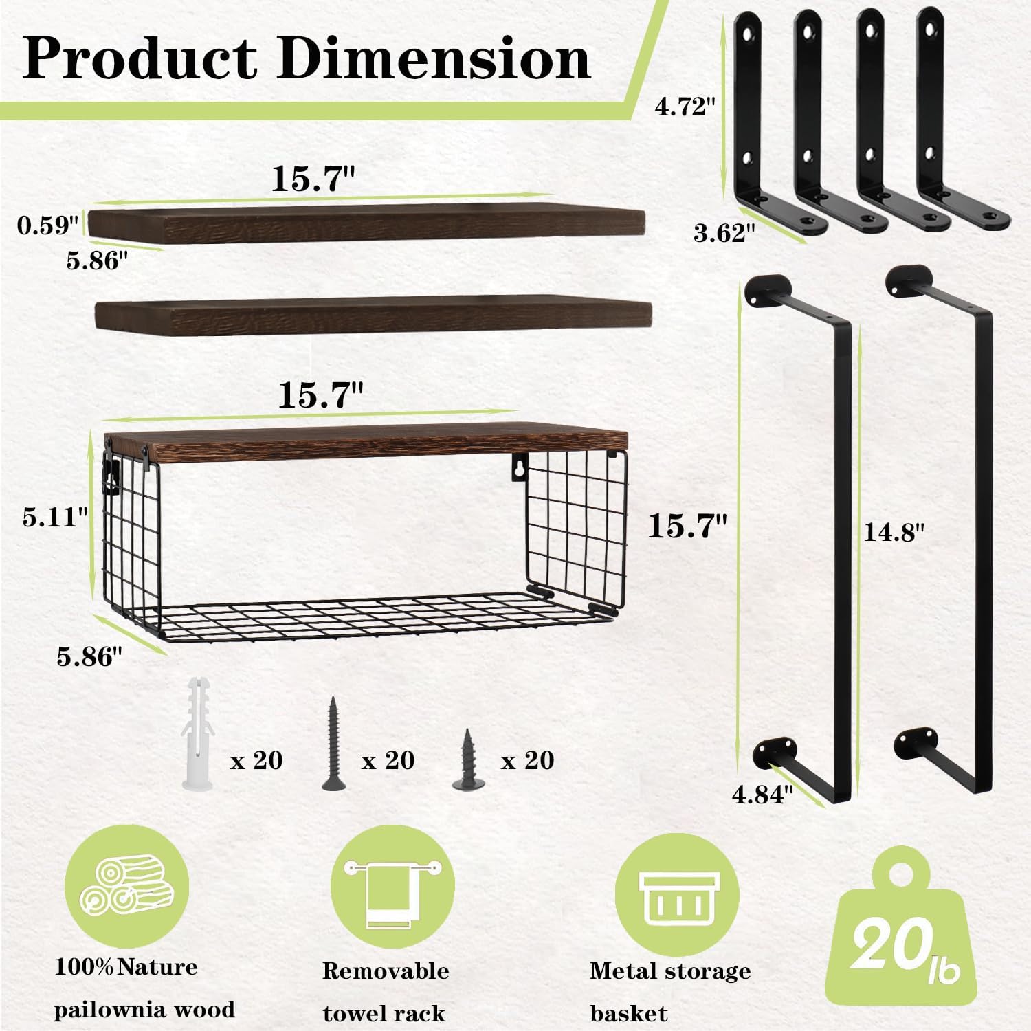 Skiennix Floating Shelves - Wall Mounted Bathroom Organizer with Storage Basket for Toilet Paper | Dark Brown, Set of 4, 16 in
