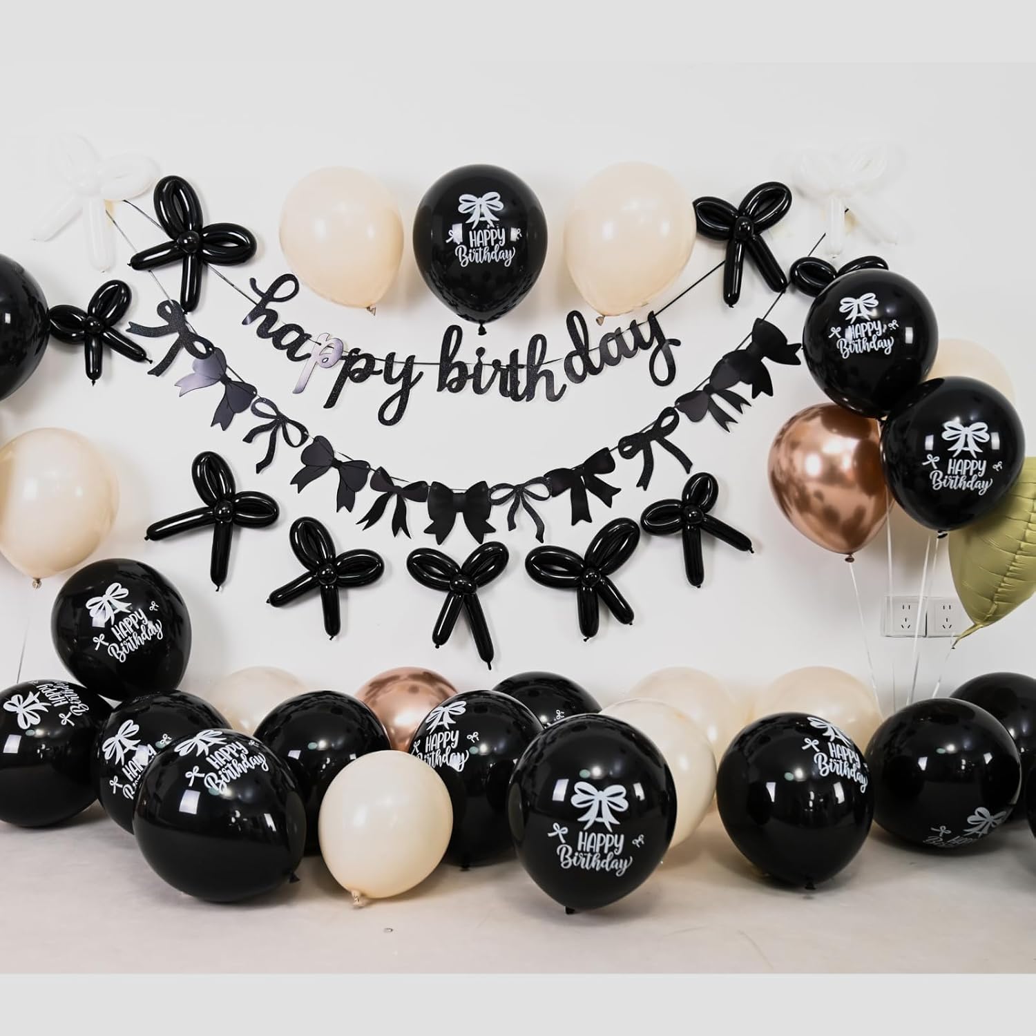 Skiennix Bow Birthday Decorations - Elegant Black & Gold Theme with Happy Birthday Banner & Heart Foil Balloons