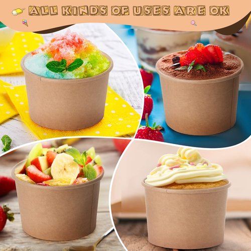 Honeydak 100 Pieces Ice Cream Soup Cups Paper 12 oz Disposable Sundae Bowls Kraft Paper Hot Cold Snack Yogurt Dessert Small Cups for Ice Cream Baby Shower Party Supplies, Brown Disposable Bowls