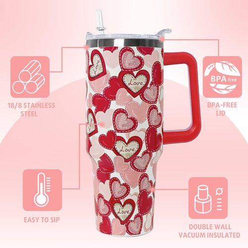 Nqhsionv Valentines Tumbler with Handle 40 oz Red Love Hearts Coffee Travel Mug Stainless Steel Insulated Cup Valentines Anniversary Wedding Birthday Gifts for Women
