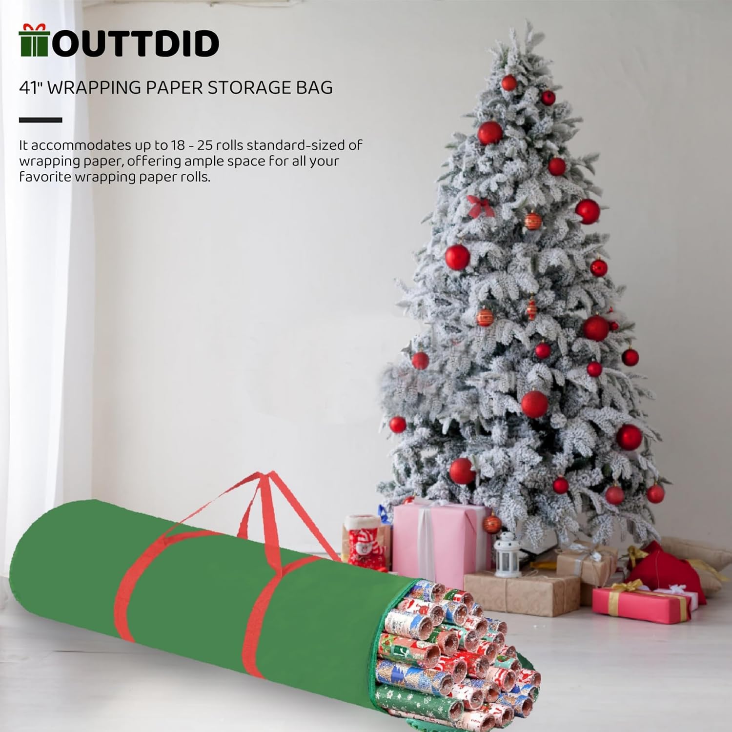 OUTTDID Christmas Wrapping Paper Organizer - Durable 600D Oxford Fabric, Fits 18-25 Rolls, Green