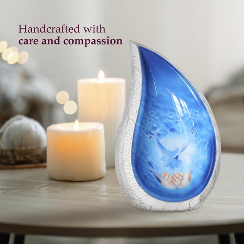 Trupoint Memorials Cremation Urns for Human Ashes, Decorative Burial Urn for Adult Men & Women – Large, White Blue Teardrop Dove