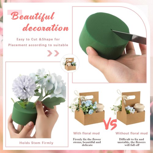 Reallnaive 18 Pack Mother's Day Gift 4 Cup Drink Carrier with Handle Floral Foam Set Kraft Coffee Carrier Holder Green Round Flower Foam Gift Cards for Teacher's Day Appreciation Party Favors