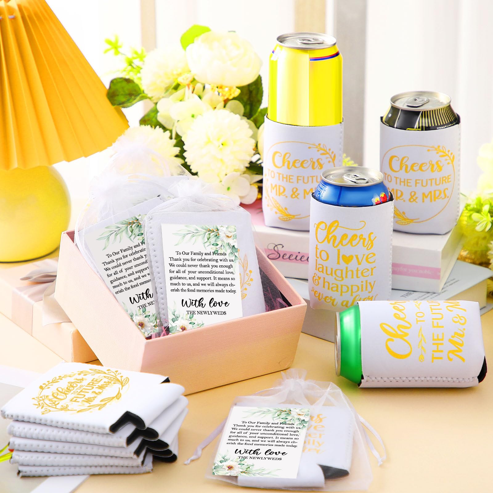 Chuangdi 50 Set Wedding Favors for Guests Bulk Engagement Party Favors Can Cooler Sleeves with Thank You Cards Organza Bags Happily Ever After Rehearsal Dinner Decorations for Wedding(Fresh Style)