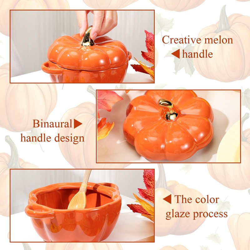 Yaomiao 6 Pcs Pumpkin Ceramic Bowl 15 oz Pumpkin Soup Bowl Pumpkin Shape Storage Jar with Lid and Handles for Home Halloween Party Kitchen Tableware(Orange)