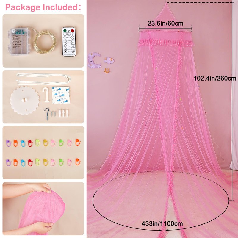Beinou Bed Canopy for Girls with Timer Remote Canopy Bed with Lights Breathable Net Canopy for Bed Kids Girls Room Decor,Pink