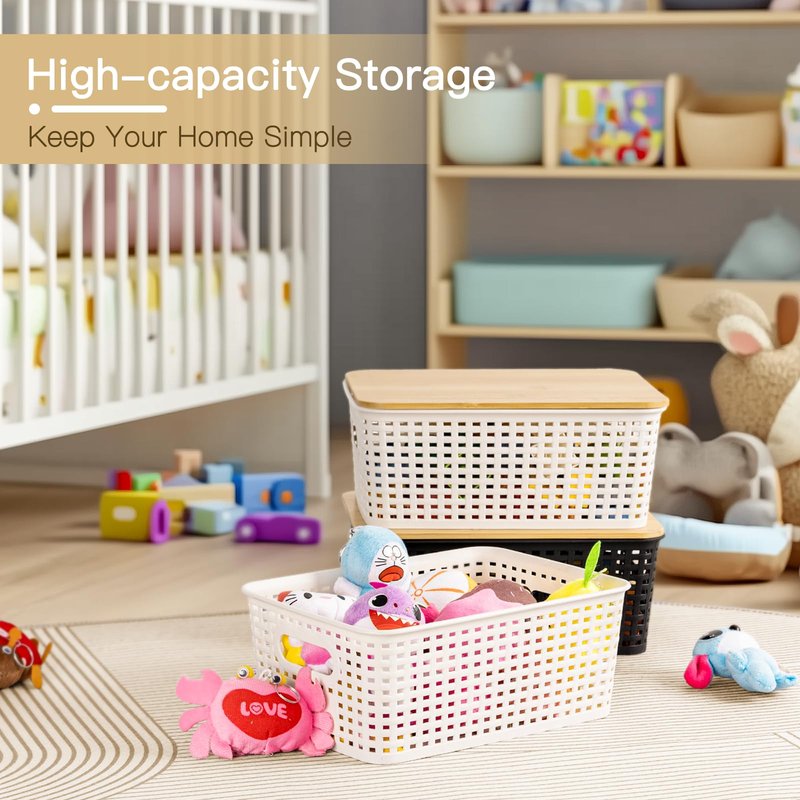 Criusia 6 Pack Plastic Storage Baskets With Bamboo Lid, Stackable Storage Baskets for Organizing Desktop Closet Shelves Drawers Pantry Organization Office Playroom Classroom