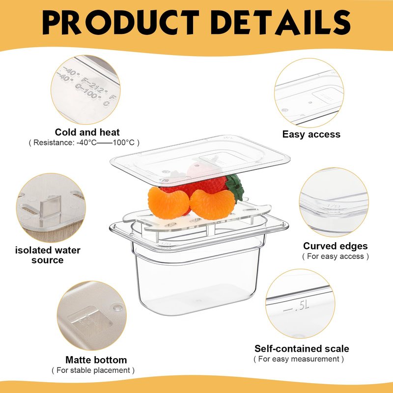 Sunnyray 6 Set 1/9 Size Polycarbonate Food Pans with Lids and Drain Shelf Deep Square Food Storage Containers for Kitchen Restaurant Fruit Vegetable Storage