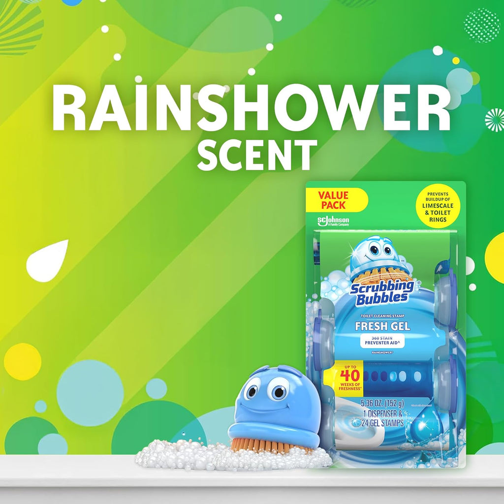 Scrubbing Bubbles Fresh Gel Toilet Bowl Cleaning Stamps - Prevent Limescale & Rings | Rainshower Scent, 24 Stamps