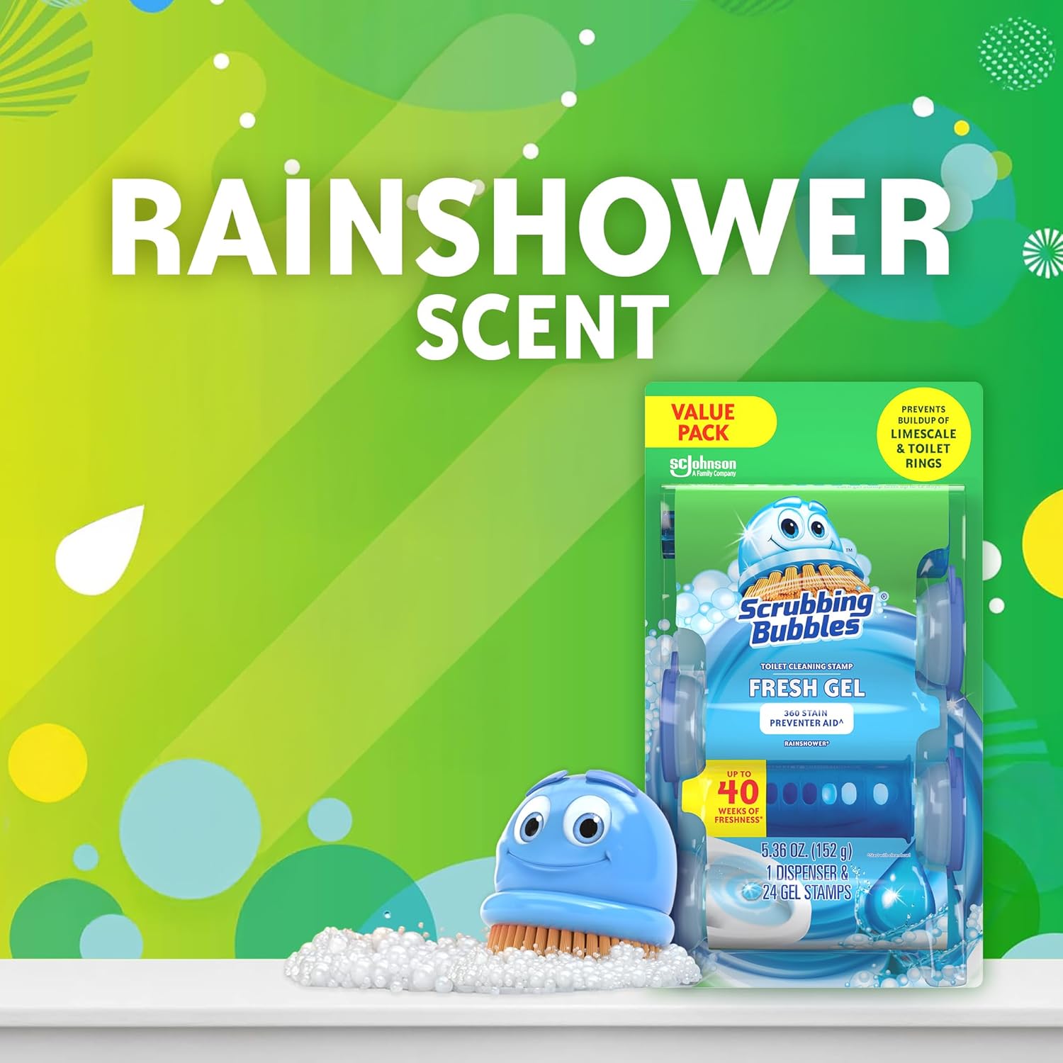 Scrubbing Bubbles Fresh Gel Toilet Bowl Cleaning Stamps - Prevent Limescale & Rings | Rainshower Scent, 24 Stamps