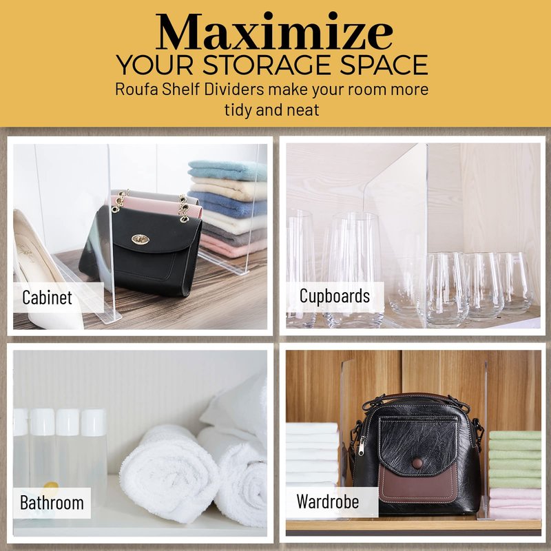ROUFA Clear Shelf Dividers, Acrylic Closet Dividers Fit for Any Thickness of Shelves, 12pcs Multi-Purpose Wood Shelf Separators for Bedroom, Kitchen, Office, Bathroom, 11.8''x11''
