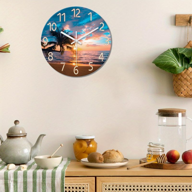 XFM Beach Wall Clocks Battery Operated 16 Inch Palm Tree Wall Clocks for Living Room Bedroom Big Round Glass Silent Wall Clock Non Ticking Sunset Tropical Seashore Clock