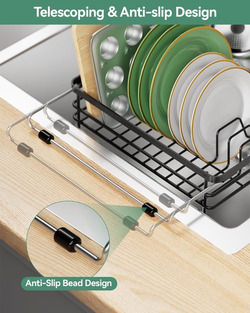 CosyPic Expandable in Sink Dish Drying Rack - Adjustable Capacity (11.1''-18.43 ''L) Over Sink Dish Drainer Drying Rack for Kitchen Counter, Dish Rack with Utensil Holder