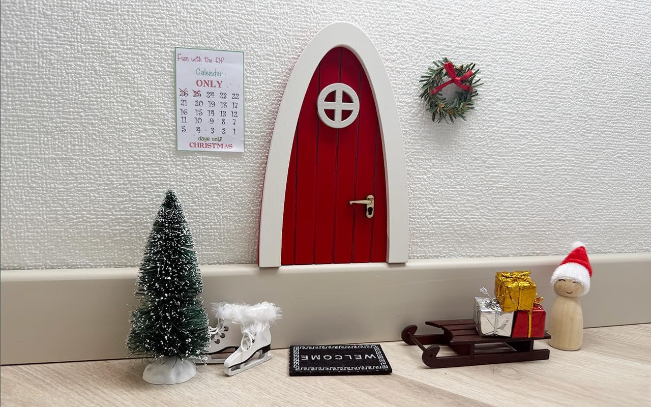 Tonttuovi Christmas Elf Door Kit - Wooden Elf Door with Accessories & Miniature Tree | 24 Days of Fun Activities