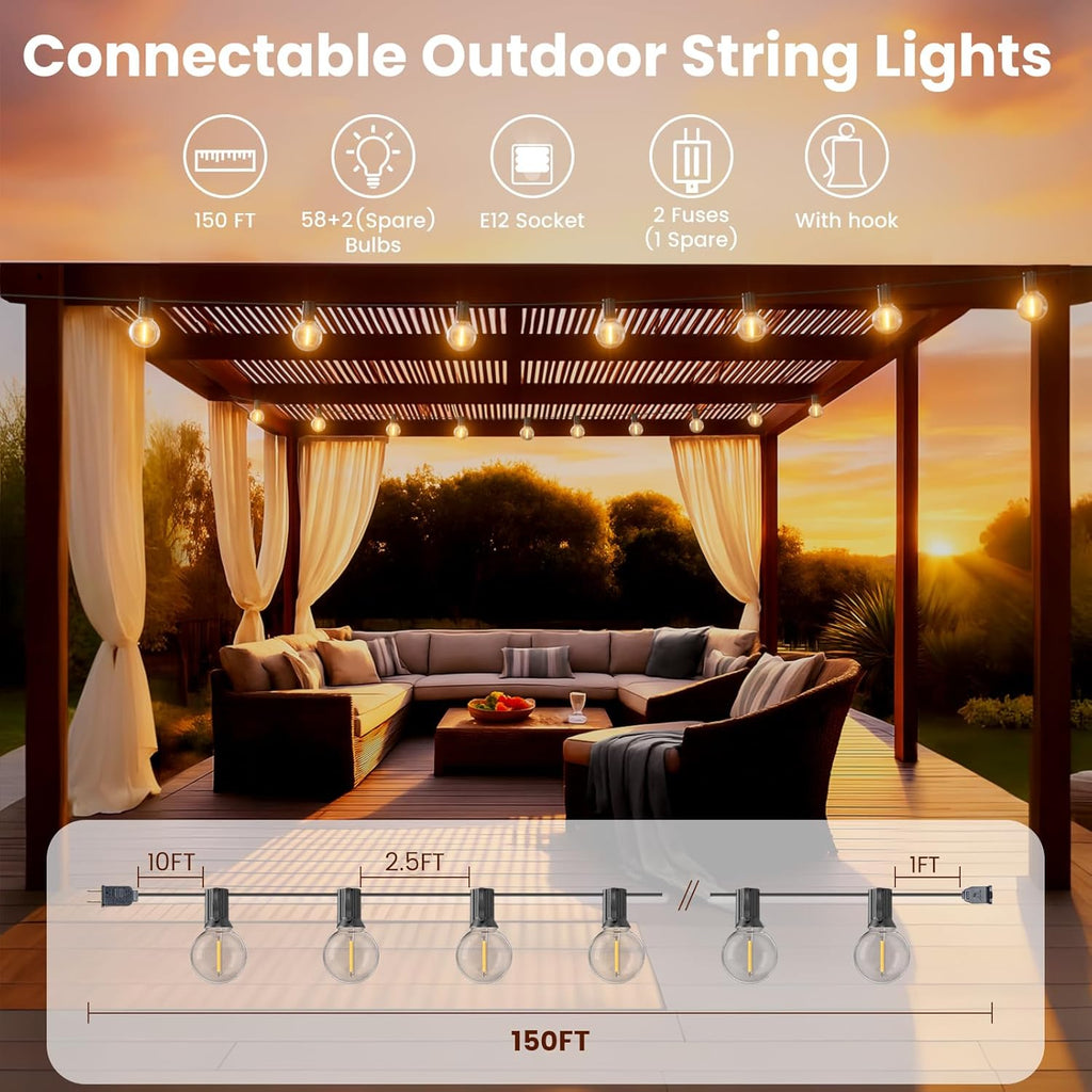 RTTY Outdoor String Lights - 150 FT Waterproof G40 Shatterproof LED Bulbs | Dimmable Globe Lighting for Patio, Bistro, Backyard, Cafe - Warm White