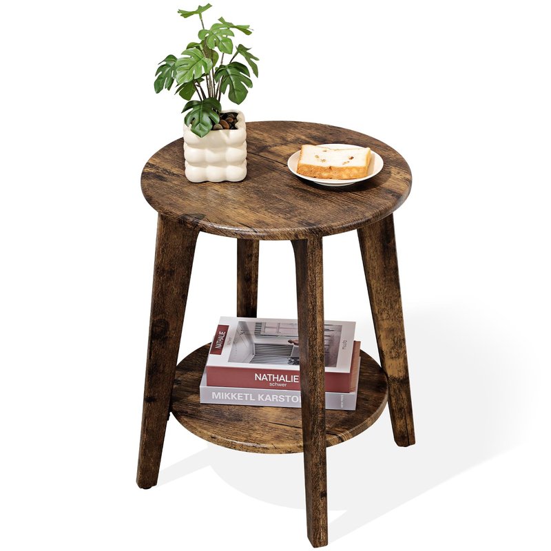Small Round Side Table Wooden End Table with Lower Shelf Modern Nightstand Bedside Table for Small Spaces, Living Room, Bedroom Retro Brown