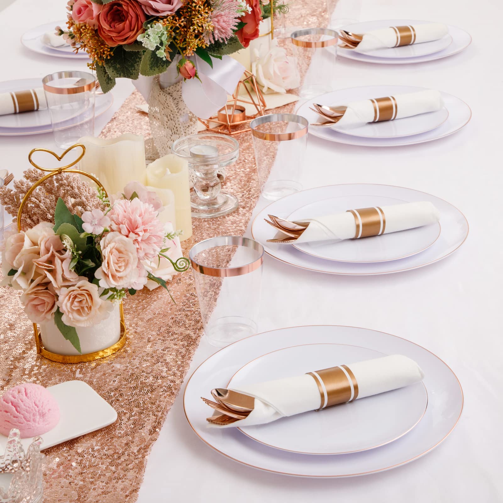 LUODA 350PCS Rose Gold Plastic Plates, Rose Gold Dinnerware Sets include：100 Party Plates, 50 Pre-Rolled Napkins with Rose gold Silverware and 50 10OZ Plastic Cups,Idea for Party