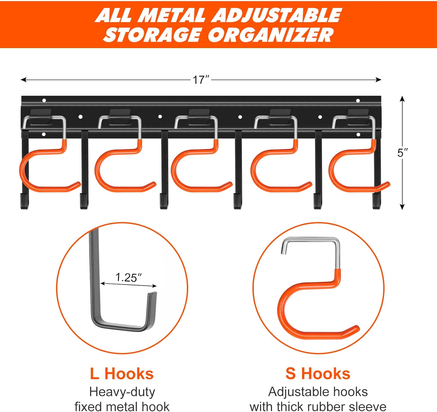 TVKB 51'' Metal Garden Tool Organizer - Adjustable Wall-Mount Storage with Heavy-Duty Hooks