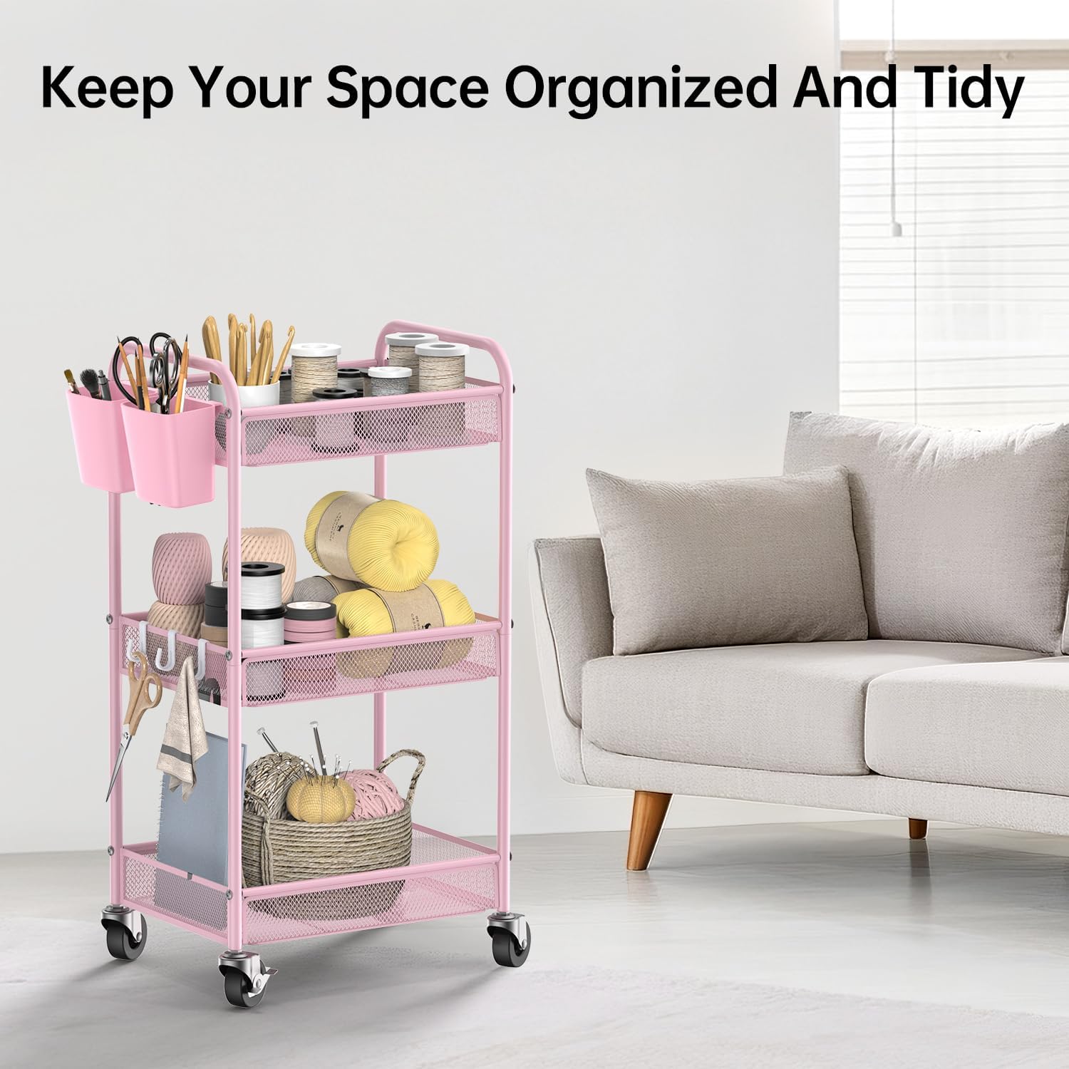 YASONIC 3-Tier Rolling Cart - Metal Utility Storage with Wheels & Hooks | Pink Craft Organizer