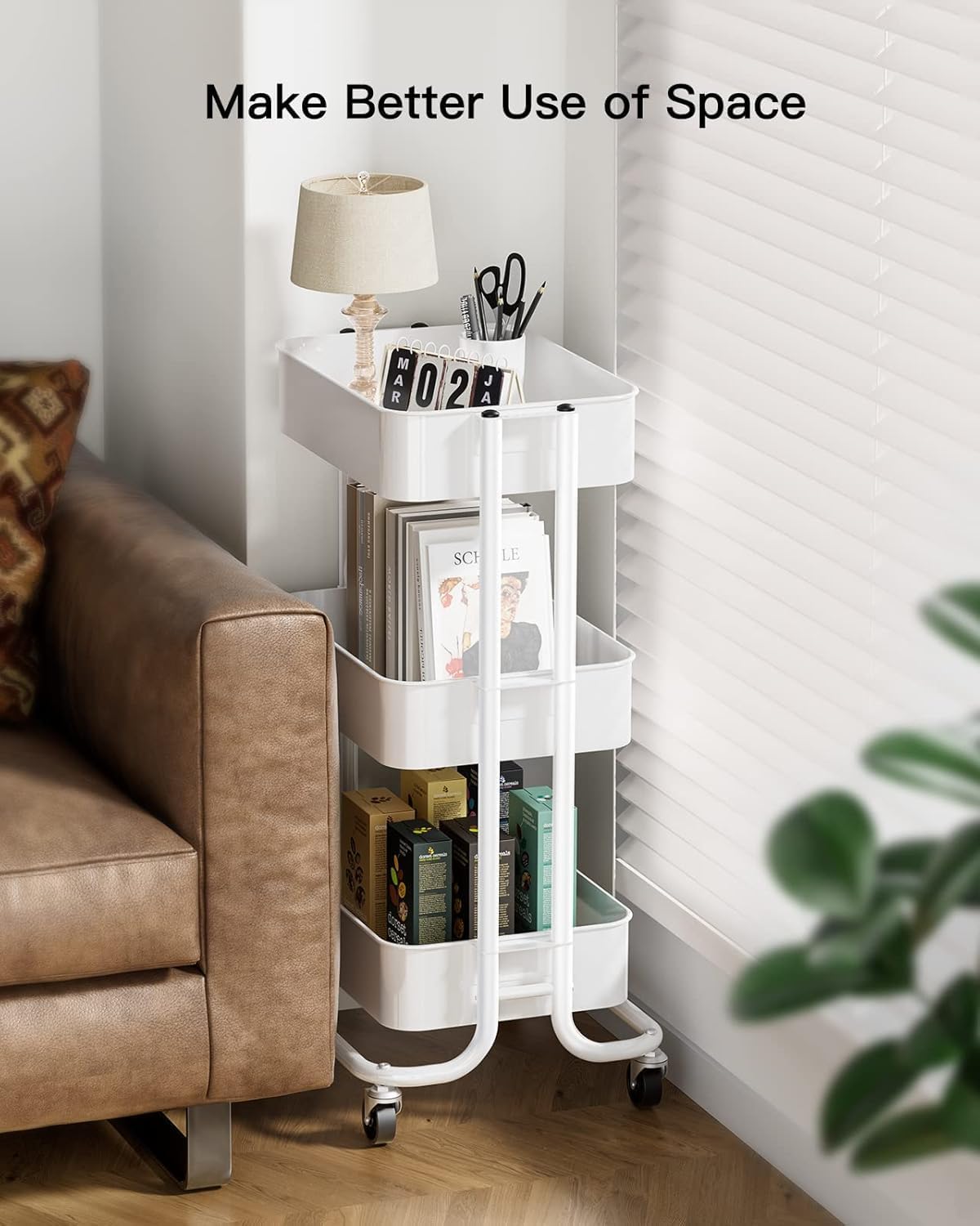 Pipishell 3-Tier Metal Rolling Utility Cart - Heavy-Duty Storage with Lockable Wheels | White