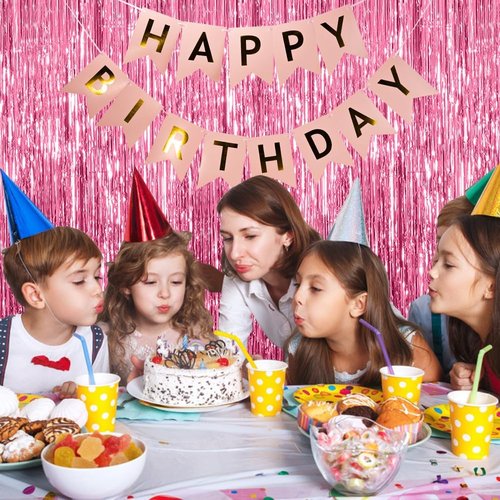 Foil Curtain Backdrop by [Brand Name] - Pink Metallic Tinsel Fringe for Photo Booths | 5 Pack Party Decorations