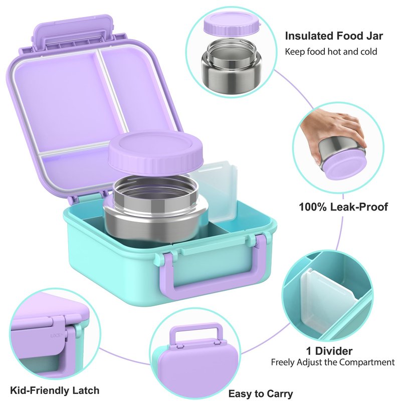BEAQUEE Bento Box for Kids with Soup Thermos(9oz)– Kid Bento Lunch Box with Leak Proof Insulated Food Jar, Hot & Cold Lunch Container Set for School Girls Boys, 4-Compartments, Purple/Blue