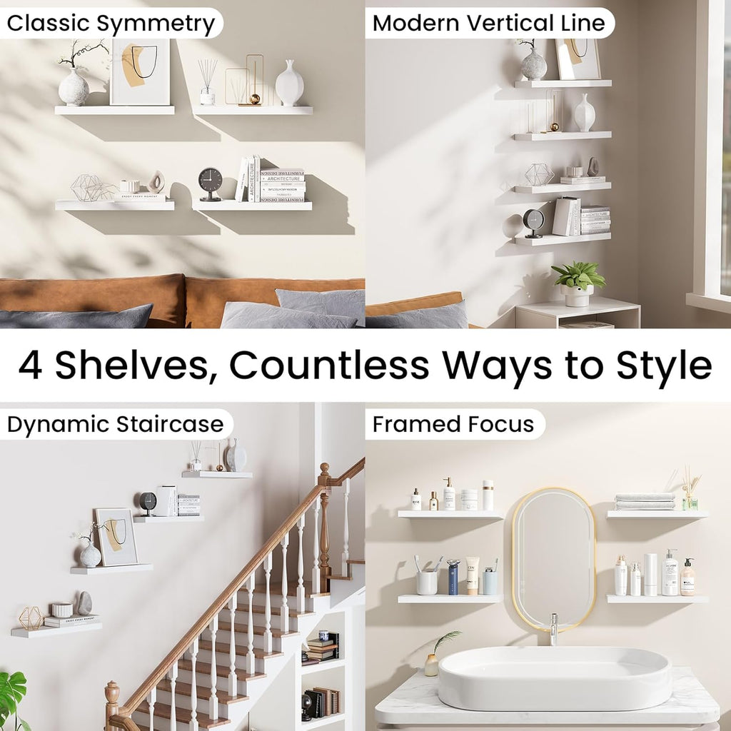 BAYKA Floating Shelves - Rustic Wall-Mounted Wood Shelves | 15.7in, Set of 4, 22lbs Capacity (White)
