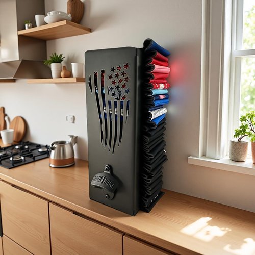 2 in 1 Metal Can Cooler Holder with Bottle Opener - Wall Mount, Compatible with Standard Can Cooler, Beer Sleeves Organizer and Dispenser for Home Family Bar (16 in)