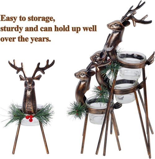 Juegoal Reindeer Tealight Candle Holders - Set of 3 Durable Iron Metal Christmas Decorations | Glass Votive Holders