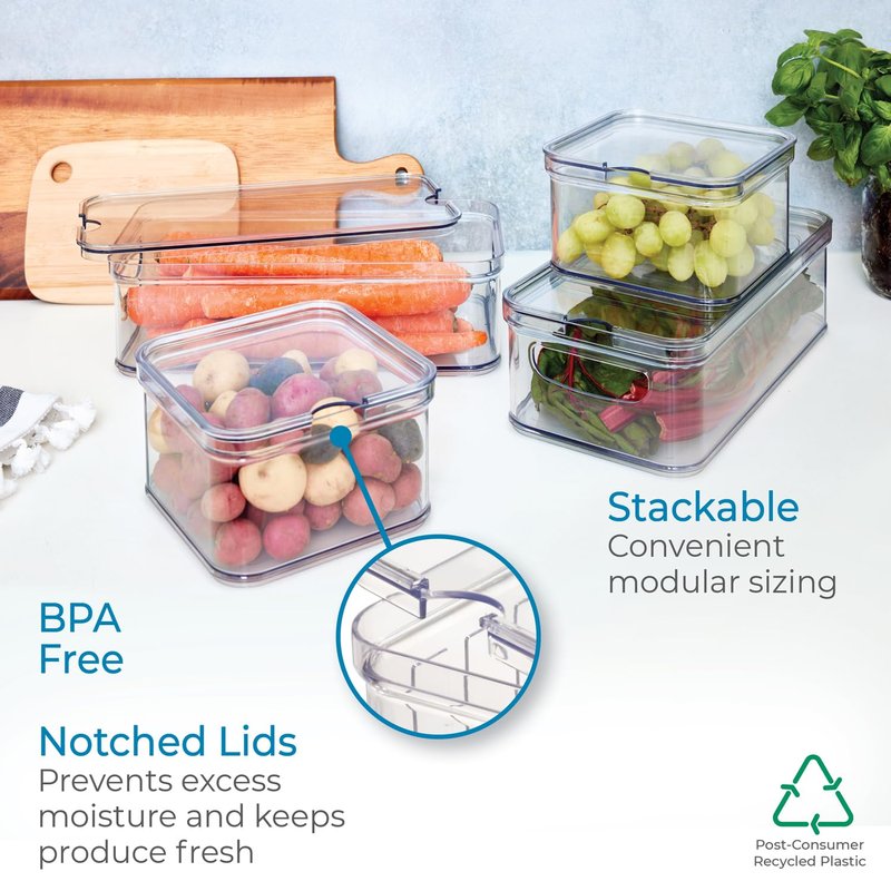 iDesign Crisp 4-Piece Recycled Plastic Refrigerator Organizer Bin Set with Lids, Clear/White