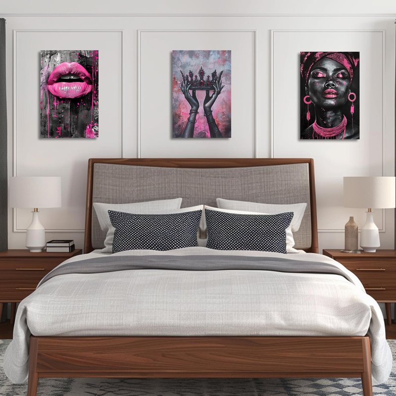 PBXBJY African American Wall Art African Girl Canvas Prints 3 PCS Black Queen with Pink Crown Lips Painting Black Woman Picture Framed Home Office Decor (16.00" x 24.00" x 3PCS)