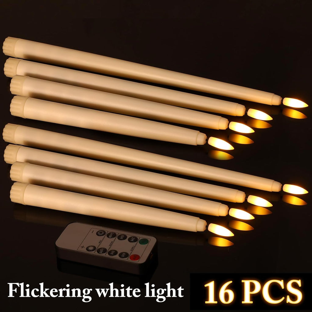 Rossesay Flameless Taper Candles - 16 Pcs Battery Operated with Remote Timer | Ivory LED Flickering for Weddings & Parties (8.5" to 12.8")