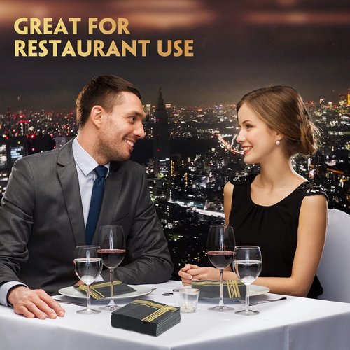 Mimorou 200 Pcs Black and Gold Napkins, 5 x 5 Inch Disposable Cocktail and Dessert Napkins with Gold Trim for Wedding Anniversary Birthday Events