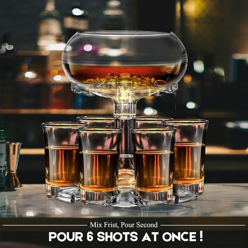Adjustable Shot Glass Dispenser and Holder Made of Food Grade Plexiglass, Shot Dispenser with 6 Drinking Glasses for Kinds of Parties (Clear)