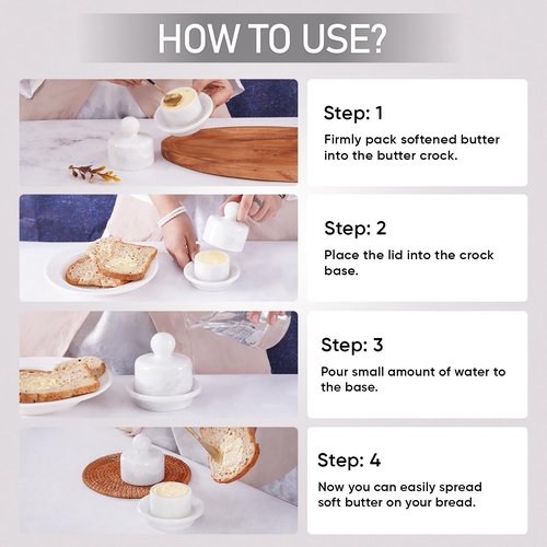 Marble Mini Butter Dish with Lid 4 Inch White French Butter Crock Soft Butter Spreader, Butter Keeper for Kitchen Décor and Storage