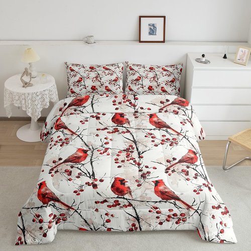 Feelyou Red Cardinal Bedding Set Queen Size Kids Cardinal Birds Comforter Set Boys Girls Christmas Birds Comforter Red Fruit Winter Rustic Country Farm Animal Quilt Set