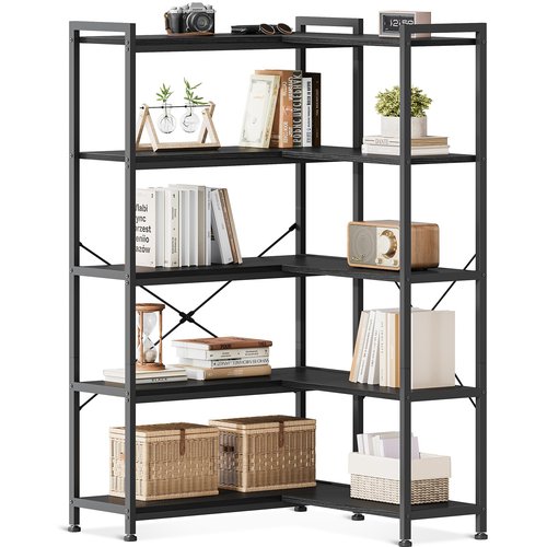 Casaottima Corner Bookshelf 5 Tier, 57 Inches Reversible Book Shelf for Living Room, Industrial Wooden Bookcase with Open Shelves and Metal Frame for Bedroom, Home Office, Kitchen, Black